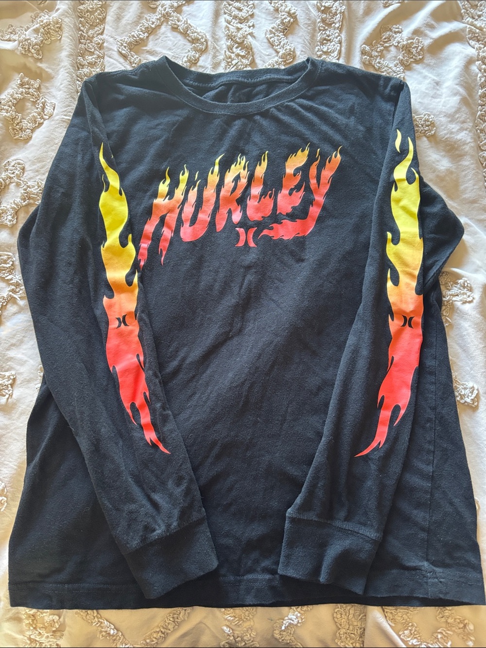 Hurley Black Long-Sleeve Tee with Red-Orange-Yellow Flame Graphic